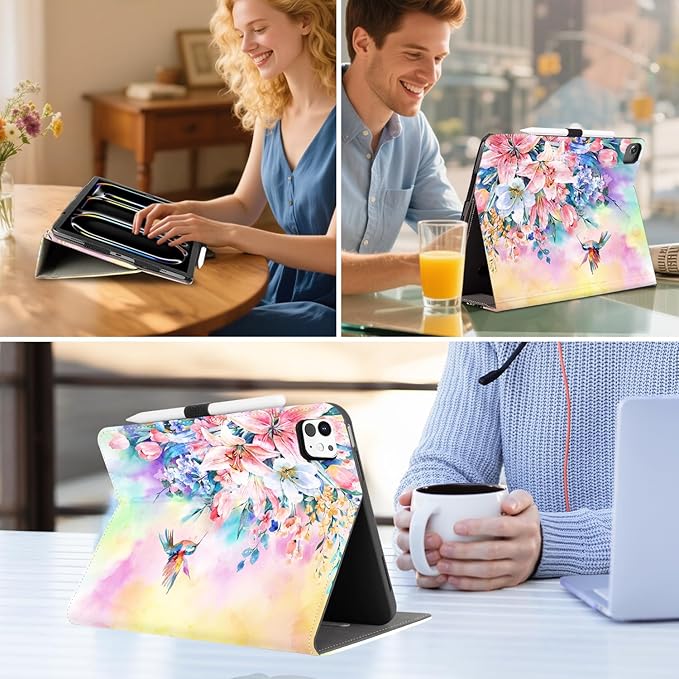 Vimorco for iPad Pro 13 Inch Case, for iPad Air 13 Inch Case, Fit for iPad Pro 12.9 Cases 6th/5th/4th/3th Generation 5 Stand Angles/Typing Stand/Pencil Holder/Card Pockets, Hummingbird Flower