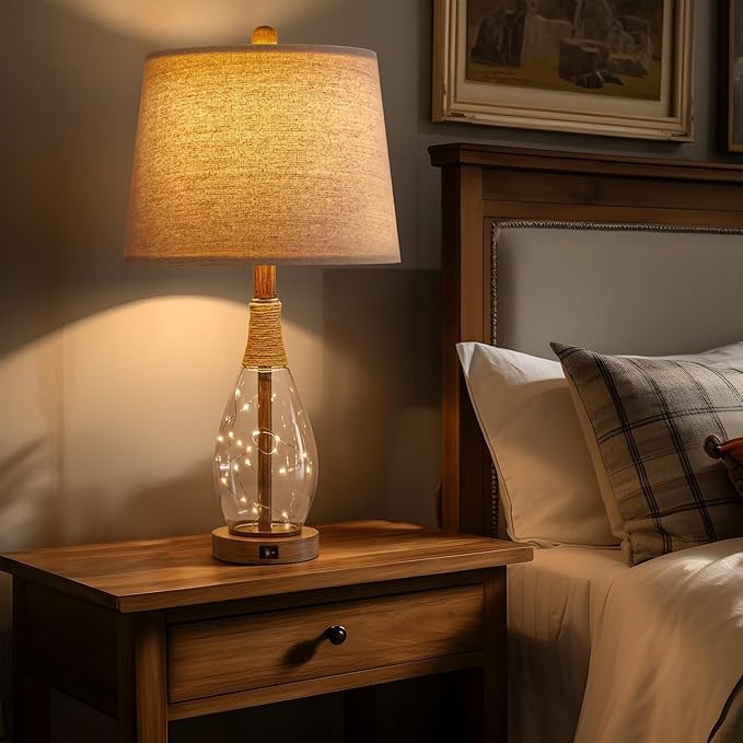 OYEARS Bedside Table Lamps Set of 2 with USB, Farmhouse Bedside Lamps Retro Farmhouse Rattan Glass Nightstand Nightlight Lamps for Bedroom Living Room Dorm,Two Light Points