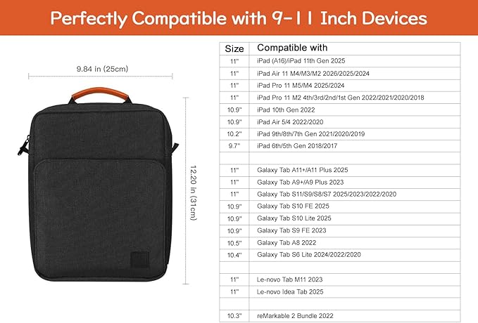 Dadanism 9-11 Inch Tablet Sleeve Bag Carrying Case with Shoulder Strap for iPad (A16) 11", iPad 10th Gen 10.9", iPad Air M4/Pro M5 11", iPad 9/8/7th 10.2", Galaxy Tab A11+ Plus 11",Black & Grey