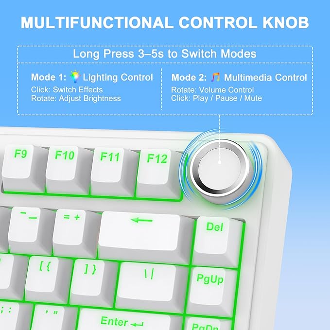 AULA F75 - 75% Mechanical Keyboard, Wireless Gaming keyboard BT5.0/2.4GHz/USB-C, Hot Swappable Custom Pre-lubed Switches with Knob, RGB Backlit Shine-Through PBT Keycaps Creamy Sounding Keyboard