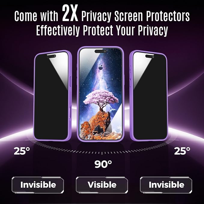 Symcele Designed for iPhone 16 Case, Compatible with MagSafe, with Privacy Screen Protectors X2, [Camera Protection] [15FT Military Drop Protection] Shockproof Phone Case, 6.1", Light Purple