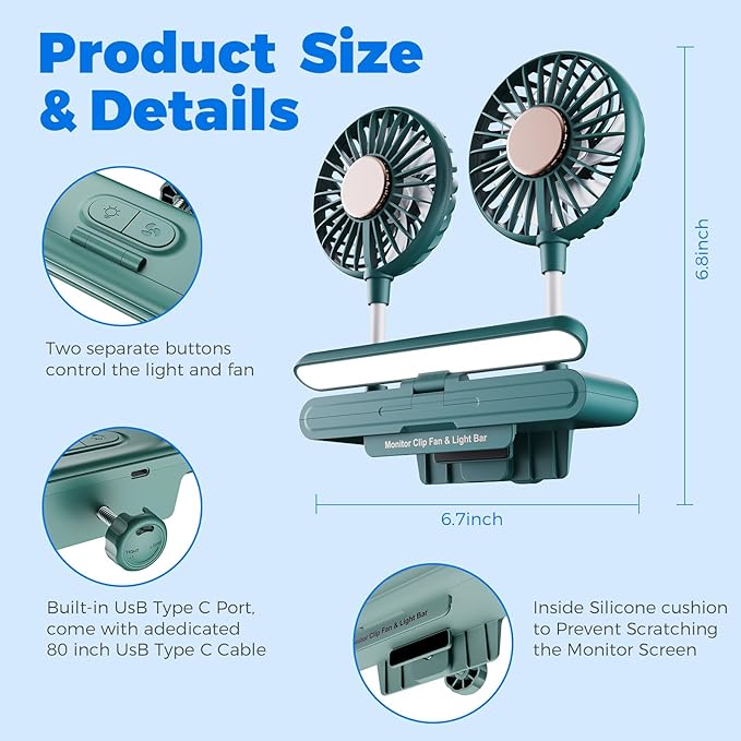 Energy-saving small fan with amp Light Bar Two-Head Personal Cooling Quiet USB Fan Flip-Open light, Level 3 brightness 3 Wind Speed for Working/Self Broadcasting (Forest Green)