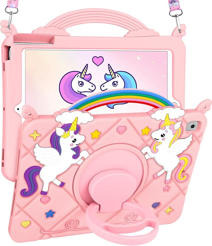Uppuppy for iPad 5th/6th Generation Case 9.7 Inch - Air 1st/2nd Cute Girls Kawaii Girly 3D Cartoon Teen Case with Rotating Stand & Strap Soft Silicone PK Unicorn Cover for iPad Pro 9.7 Inch Funda
