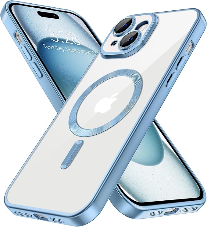 Hython Magnetic Clear for iPhone 15 Plus Case with Camera Lens Protector [Compatible with MagSafe] Luxury Plating Edge Slim Soft TPU Cover Protective Phone Case for iPhone 15 Plus, Matte Light Blue