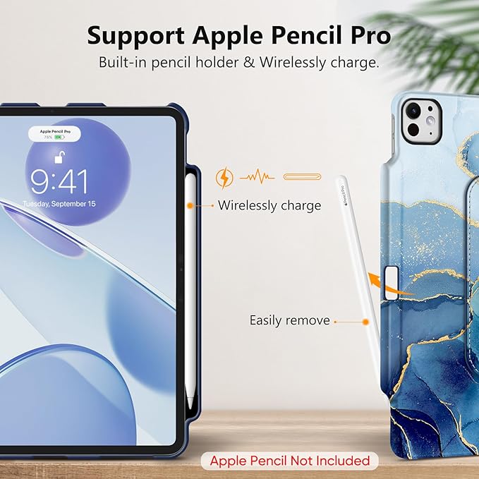 Fintie Rotating Case for iPad Pro 13-inch (M5) 2025 / (M4) 2024 with Pencil Holder - 360 Degree Swiveling Protective Stand Cover with Auto Wake/Sleep, Ocean Marble