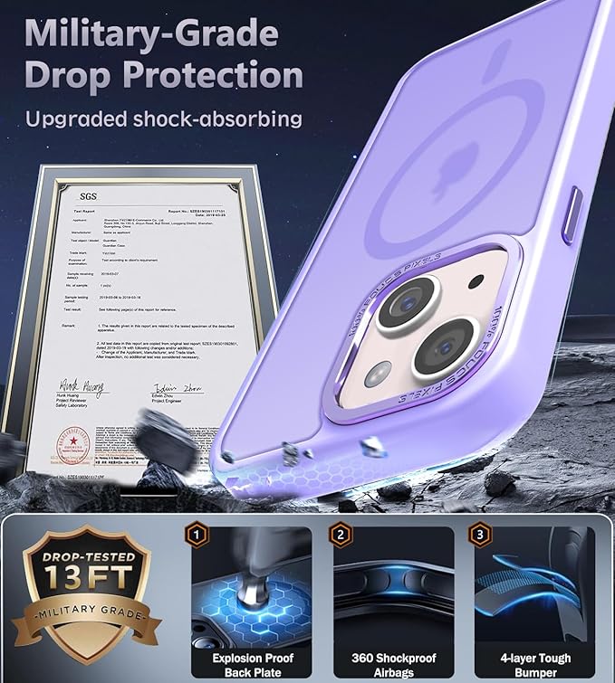 Newfuture Designed for iPhone 13 Case & iPhone 14 Case with Magnetic [13 FT Military Drop Protection] [Compatible with Magsafe] Translucent Shockproof with Anti-Fingerprint Phone Case, Lilac Purple