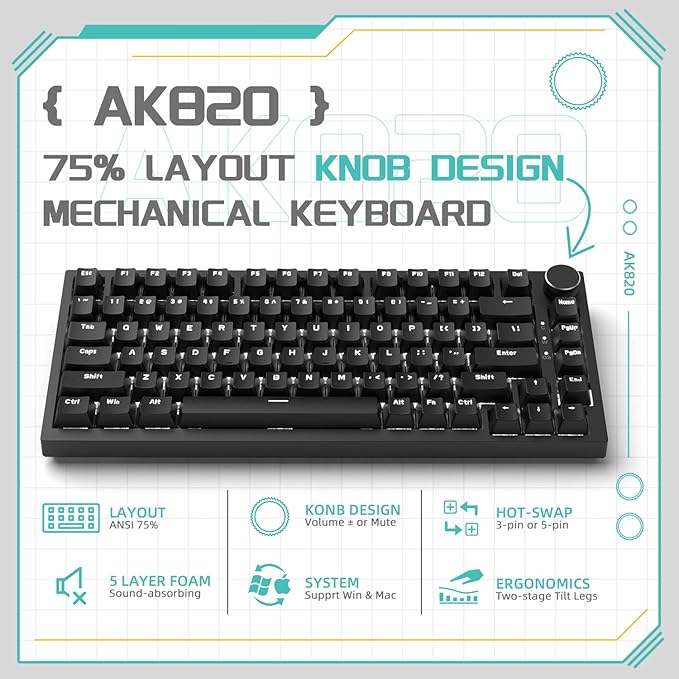 Attack Shark ajazz AK820 Mechanical Gaming Keyboard with Knob 75% Keyboard Hot Swappable Type-C Wired Gasket 5-Layer Noise Absorbing Foam White LED Backlit NKRO Linear Red Switch for PC/Win/Mac-Black