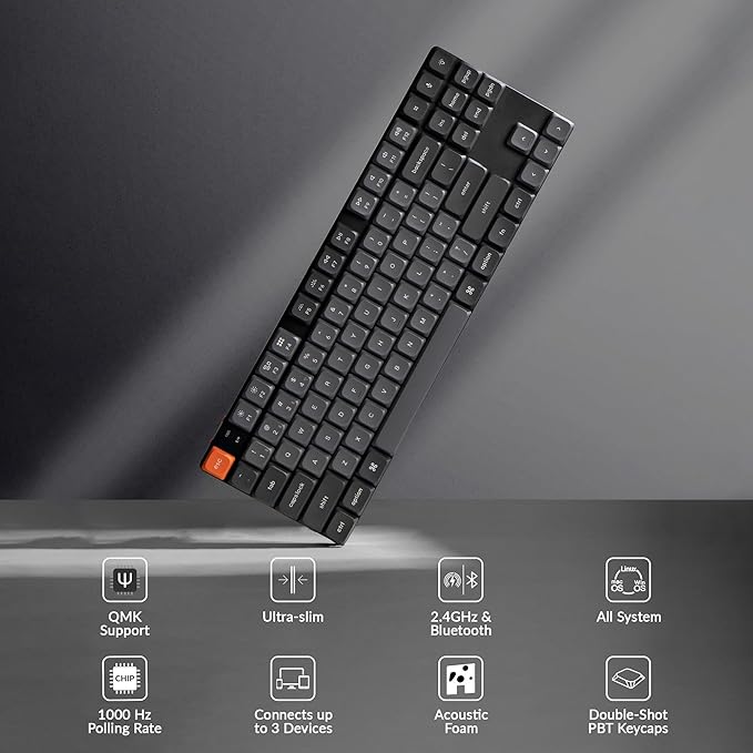 Keychron K1 Max Ultra-Slim Wireless Mechanical Keyboard, 80% TKL Layout Bluetooth/2.4 GHz/Wired Keyboard with Low Profile Silent Red Switch, Hot-Swappable, RGB Backlit, Launcher for Mac Windows Linux