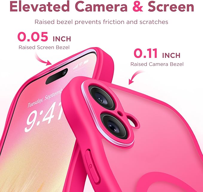 CAPRARO for iPhone 16 Case for Women Girls, Upgraded [Full Camera Protection] [Compatible with MagSafe] Cute Wave Translucent Matte Phone Case for iPhone 16, Hot Pink