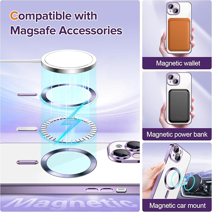 Hython Magnetic Clear for iPhone 14 Case with Camera Lens Protector [Compatible with MagSafe] Luxury Plating Edge Slim Soft TPU Cover Protective Phone Case for iPhone 14 6.1", Deep Purple
