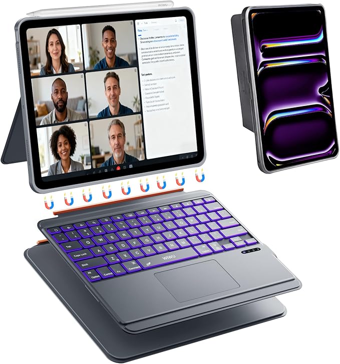 WIWU iPad Pro 13 inch Keyboard Case M4/M5 2024/2025 Magnetic Detachable 3 in 1 Bluetooth Case Keyboard Adjustable Stand 7 Colors Backlit Keys with Touchpad (Grey, iPad Pro 13"(M4/M5 2024/2025))
