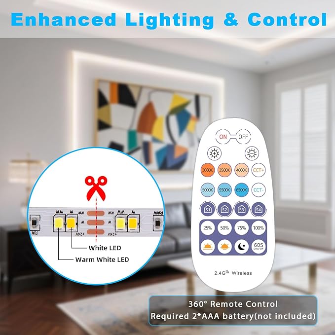 White LED Strip Lights 46ft 3000K-6500K Dimmable, Smart Strip Light Alexa Compatible, 24V WiFi Flexible Tape LED with APP & RF Remote, Cabinet Lighting Self-Adhesive for Room, Kitchen