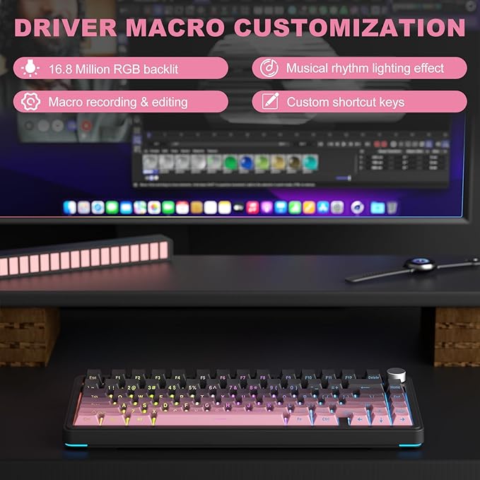 M75 Mechanical Keyboard,75% Gasket Hot Swappable,RGB Backlit,Side Printed PBT Keycaps,2.4Ghz/Bluetooth/USB-C Gaming Keyboards (Black and Pink)