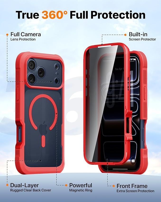Diaclara Magnetic Designed for iPhone 17 Pro Case 6.3'' [Full Camera Protection] Full Body Bumper,[Compatible with MagSafe] Phone Case w/Built-in Privacy Screen Protector,Red