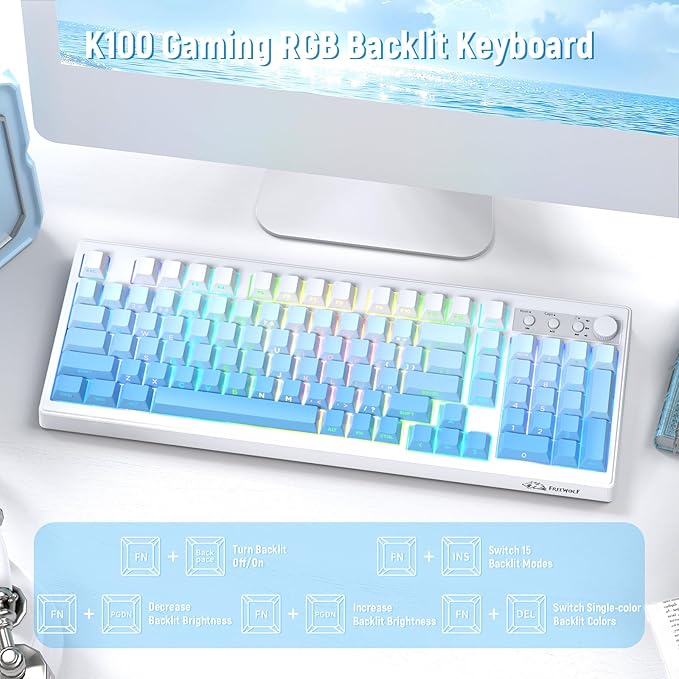 ZIYOU LANG K100 Wireless Gaming Keyboard,99 Keys Tri-Mode BT/2.4GHz/USB-C Creamy Color Keyboard with Number Pad RGB,Media Knob Custom Programmable Computer Keyboards for PC/Mac/Xbox (Blue)