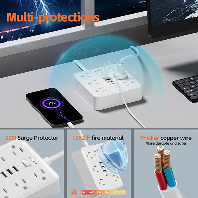 Portable Ultra Thin Flat Plug Surge Overload Protector Power Strip 5ft Extension Cord with 6 AC Power Outlets 4 USB (1C) for Home Office Dorm Travel Essentials Fire and Reach 15A 1875W UL