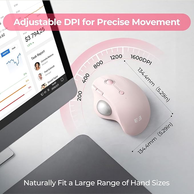 seenda Wireless Trackball Mouse, Ergonomic Bluetooth Rollerball Mouse Rechargeable, 3 Device Connection Optical Mice Adjustable DPI Thumb Control Mice Compatible for PC/Laptop/Windows/Mac - Rose Pink