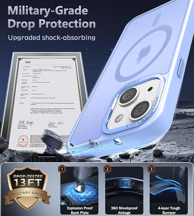 Newfuture Designed for iPhone 13 Case & iPhone 14 Case with Magnetic [13 FT Military Drop Protection] [Compatible with Magsafe] Slim Translucent Shockproof with Anti-Fingerprint Phone Case, Blue