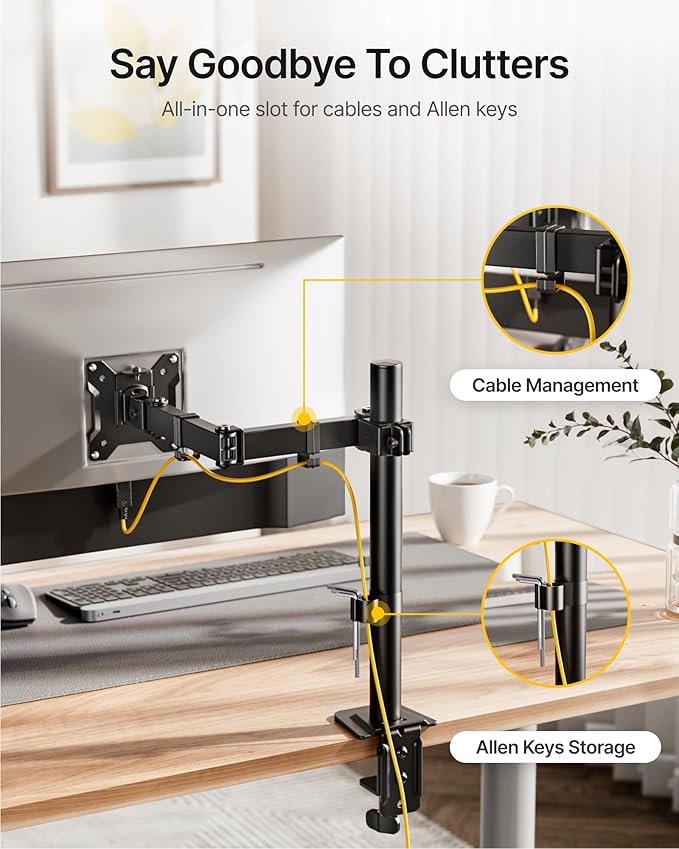 monTEK Extra-Long Single Monitor Mount for 17-32 inches Screen, Fully Adjustable Articulating Desk Monitor Stand up to 22lbs Capacity, Computer Mount with C Clamp and Grommet Base, Max VESA 100x100mm