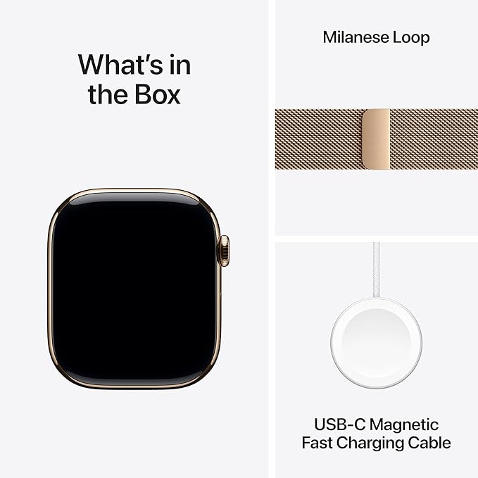 Apple Watch Series 10 [GPS + Cellular 46mm] with Gold Titanium Case with Gold Milanese Loop - M/L. Fitness Tracker, ECG App, Always-On Retina Display, Carbon Neutral with AppleCare+ (2 Years)