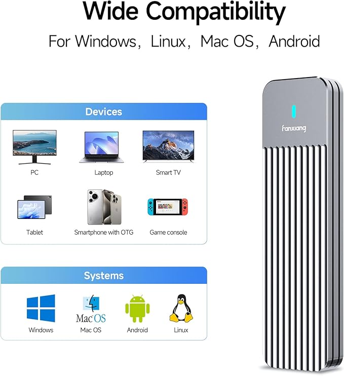 fanxiang SSD Enclosure, USB 3.2 Gen 2 (10 Gbps), M.2 NVME/SATA SSD Enclosure, USB Adapter/Reader, Solid State Drive External Enclosure, Supports M and B+M Keys and Size 2230/2242/2260/2280 SSDs, MD87
