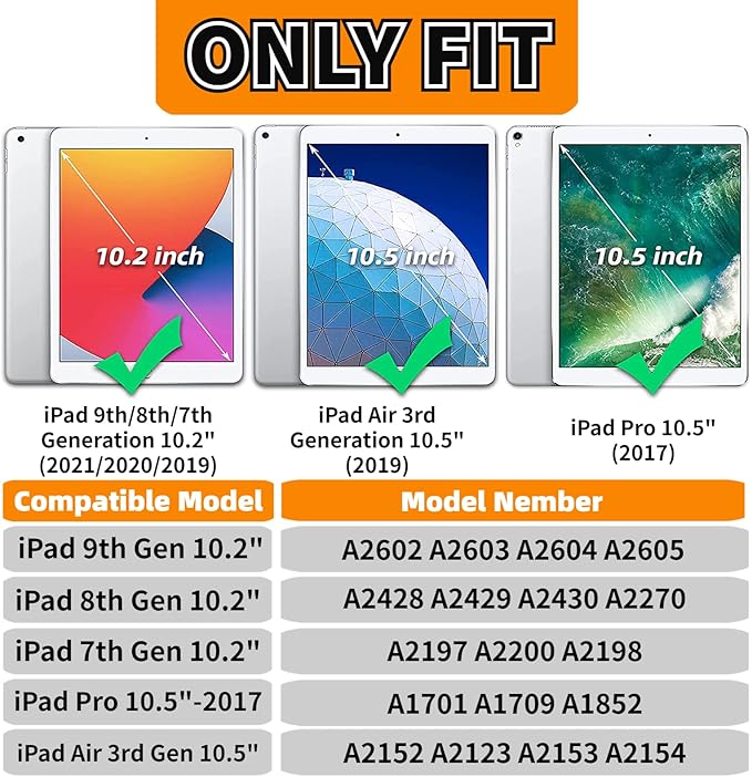 Kids Case for iPad 10.2 & 10.5, iPad 9th/8th/7th Generation 10.2" 2021 2020 2019 Case with Screen Protector, iPad Air 3rd Gen/Pro 10.5 inch Protective Cover with Handle Stand, Black