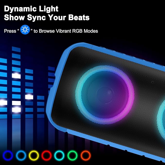 Bluetooth Speaker with 360°HD Stereo Sound, BT5.3, Built-in Mic, RGB Lights, NEW Portable Wireless Speaker IPX7 Waterproof, 12H Playtime, Speaker for Outdoors, Home/Trip/Ideal Gift for Men Women, Blue