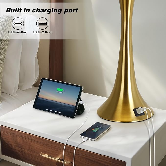 Rinweey 27.5" Gold Lamps Set of 2, Touch Control 3-Way Dimmable Bedside Nightstand Lamps Bedroom Lamp,Modern Gold Table Lamp with USB A+C Ports,Tall Lamps for Living Room End Table Home Office