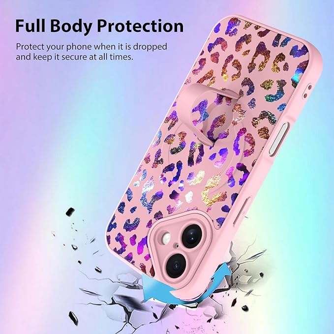 KANGHAR Compatible with iPhone 16 Case, Support for MagSafe, Silicone Cute Iridescent Leopard Cheetah Pattern, Wristband Kickstand Shockproof Protective Slim Cover for Women Girls, Pink