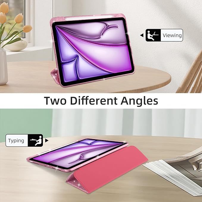Case for iPad Air 13 Inch (M3 / M2, 2025/2024) & iPad Pro 12.9 6/5th Gen (2022/2021), Glittering Sparkly Cover with Shiny Clear Back Shell, Trifold Stand Case with Pencil Holder, Pink