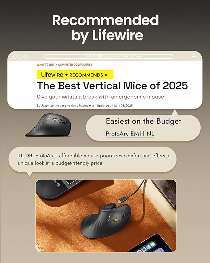 ProtoArc Ergonomic Mouse, EM11 NL Bluetooth Rechargeable Wireless Vertical Mouse, 3 Multi-Device Connectivity for Computer/PC/Laptop, 2.4GHz USB-A Optical Mice for Windows, Mac OS, Pink