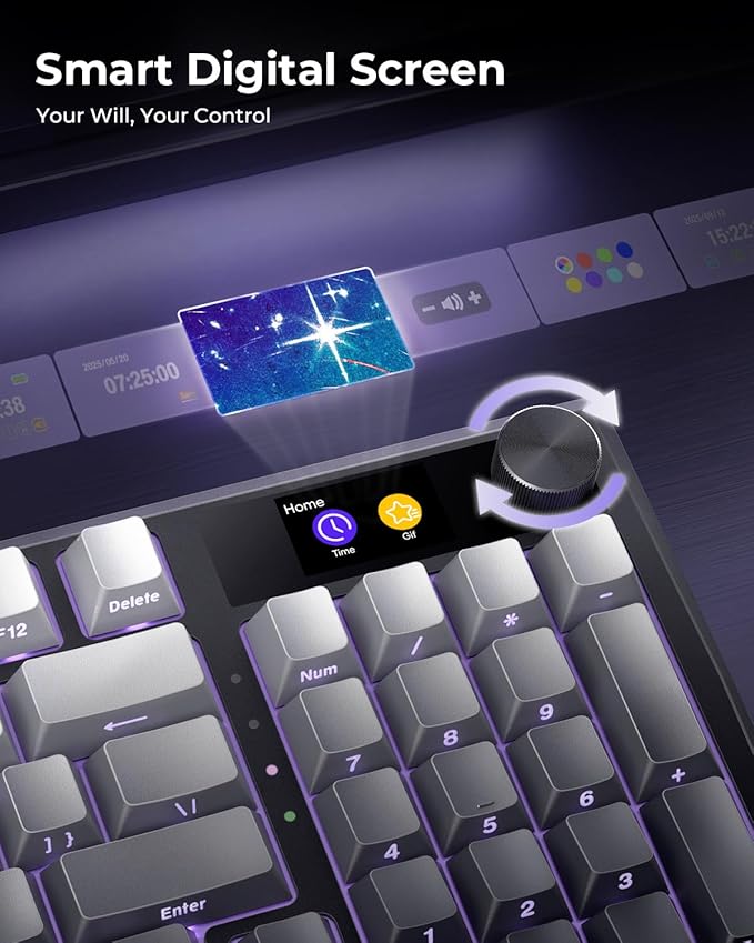 Redragon Wireless Mechanical Keyboard, Gasket RGB Gaming Keyboard with Screen & Knob, Tri-Mode BT5.0/2.4G/USB-C, 95 Keys Hot Swappable, Side Printed PBT Keycaps, Thick Pre-Lubed Linear Switch, K725SP