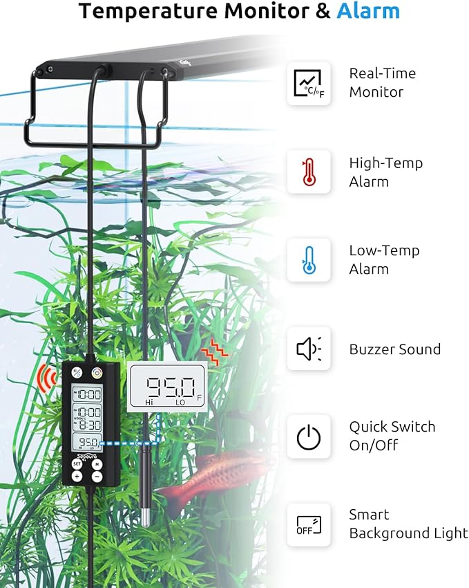 SEAOURA Aquarium LED Light with Thermometer, 18-24in Full Spectrum Lights for Fish Tank, 24/7 Programmable with Power Off Memory, WRGB Custom, 20 Level Dimmable Brightness for Freshwater Aquariums