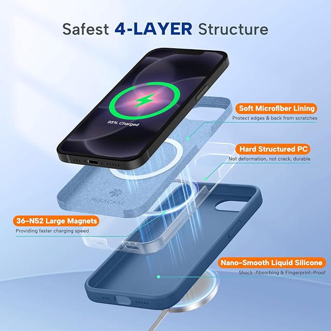 Miracase Magnetic for iPhone 17e Case & iPhone 16e Case, [Soft Anti-Scratch Microfiber Lining], Compatible with MagSafe, Silicone Shockproof Protection Phone Case for iPhone 17e/16e, Glass Blue