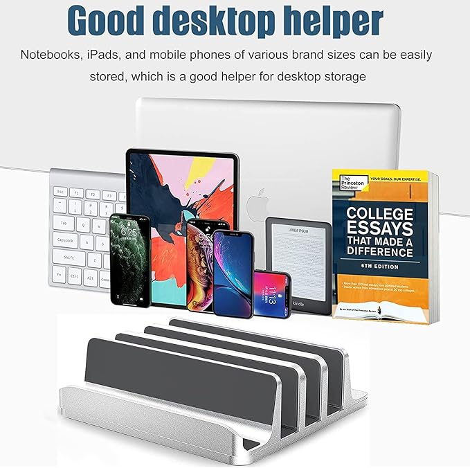 Vertical Laptop Stand [Updated Version], 3 Slot Desktop Stand Holder with Adjustable Dock, 4 in 1 Design Space-Saving Laptop Stand for Desk MacBook/Surface/Samsung/HP/Dell/Chrome Book (Silver)