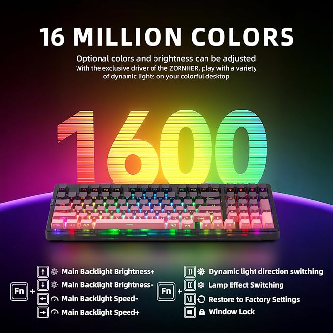 ZORNHER ZH980 Mechanical Keyboard Wireless,95% Pink Creamy Keyboard with Number Pad,Gaming Keyboard with Number Pad,Lighted Up PBT Keycaps,Loud Keyboard Clicky Blue Switches,Full Size