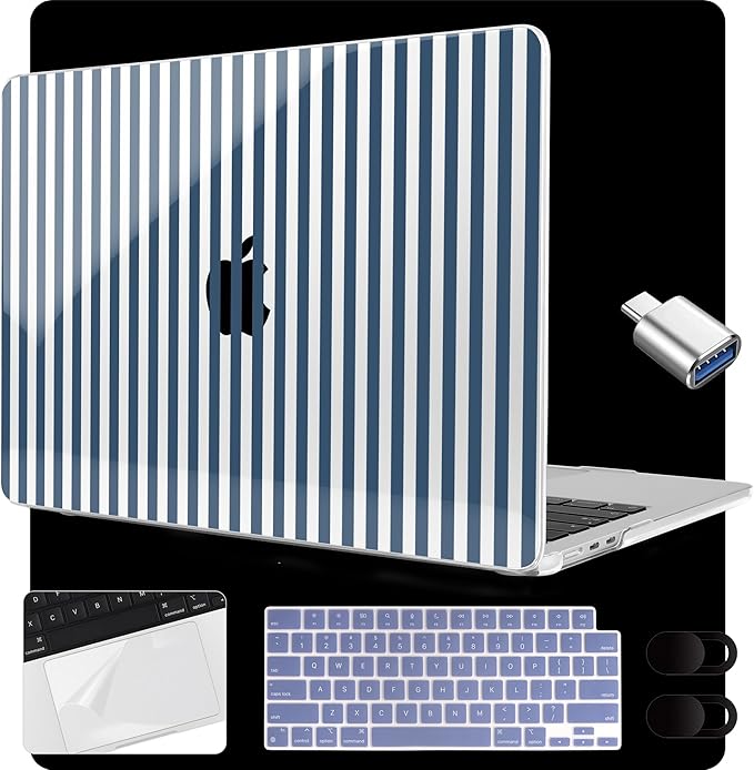 MEEgoodo Case for M5/M4/M3/M2 MacBook Air 15 inch Case 2026 2025 2024 2023, Laptop Shell Fit Model (A3448/A3241/A3114/A2941) for MacBook Air 15.3-inch, Navy Blue Stripes