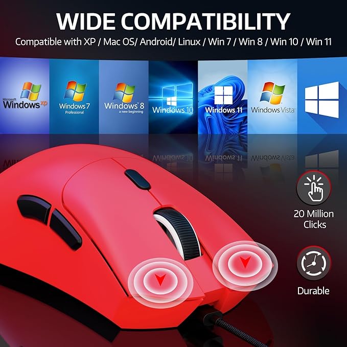 ATTACK SHARK R1 Wireless Gaming Mouse,Tri-Mode Connection (2.4G/Wired/BT5.2),55g Lightweight,18K DPI Optical Sensor,HUYU 20 Million Key Life,Ergonomic Design,for PC/Laptop/Win/Mac(Red)