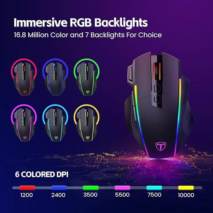 RisoPhy Wireless Gaming Mouse, 3 Modes - 2.4G/USB-C/Bluetooth 6 Level 10000DPI Chroma RGB Backlit Ergonomic 8 Programmable Buttons, 58H Capacity Rechargeable Computer Mouse for PC/Mac/Laptop