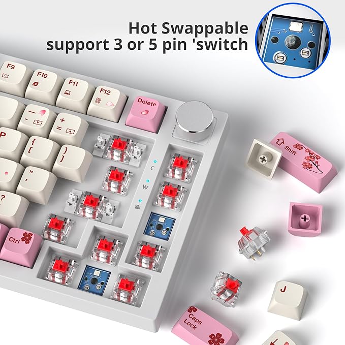 Fogruaden Wired 75% Percent Mechanical Keyboard, RGB Backlit 75 Percent Gaming Keyboard, Gasket Mount TKL Mechanical Keyboard, Hot Swappable Red Switch, NKRO Compact Pink Keyboard with Volume Knob