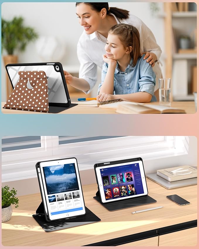 Uppuppy for iPad mini 4 Case for iPad mini 5th Generation Case - 360 Degree Rotating Stand Folio Smart Cover with Pencil Holder for Women Girls, Brown Polka for Apple Tablet Mini 7.9 inch 2019/2015