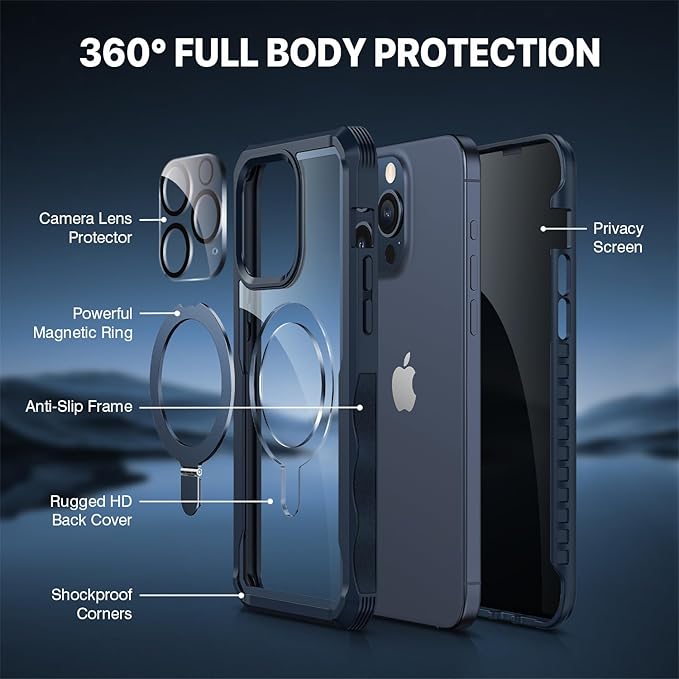 CENHUFO Privacy for iPhone 15 Pro Case, Full Body Phone Case [Compatible with Magsafe] Built-in 9H Tempered Glass Privacy Screen Protector and Magnetic Ring Stand, Clear Camera Lens Cover - Blue