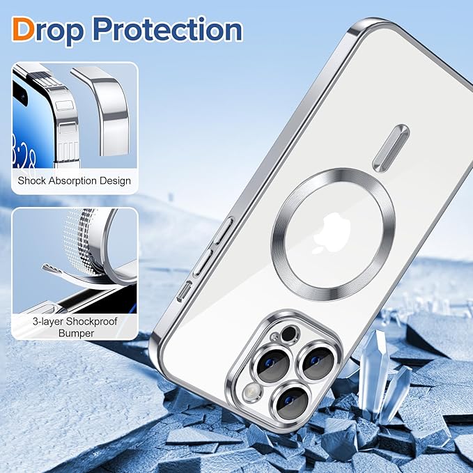 Hython Magnetic Clear for iPhone 14 Pro Max Case with Camera Lens Protector [Compatible with MagSafe] Plating Edge Slim Soft TPU Cover Protective Phone Case for iPhone 14 Pro Max 6.7", Silver