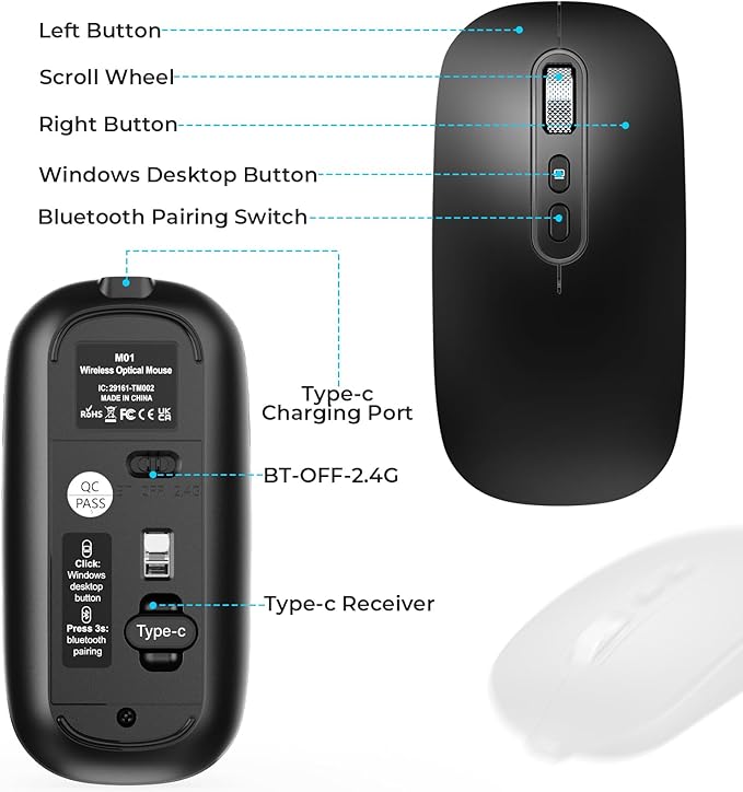 RaceGT USB C Wireless Mouse, Rechargeable Dual-Mode Mouse(Type-c and Bluetooth), Silent Bluetooth Mice for MacBook Air/Pro, Slim Portable Travel Mice for iPad Mac Laptop PC Computer