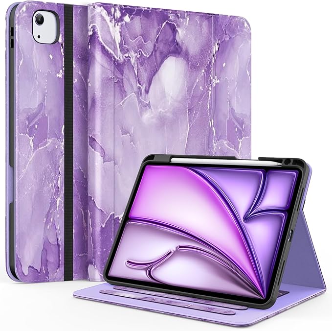 ZoneFoker Case for iPad Air 11-inch M3/ M2 (2025/2024), iPad Air 5th/4th Generation 10.9'' (2022/2020), iPad Pro 11 (4th/3rd/2nd/1st Gen), Multi-Angle Stand Cover with Pencil Holder, Marble Purple