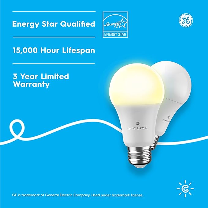 GE CYNC A19 Smart LED Light Bulbs, Soft White, Bluetooth and WiFi Light Bulbs, 60W Equivalent, Work with Amazon Alexa and Google Home (4 Pack)