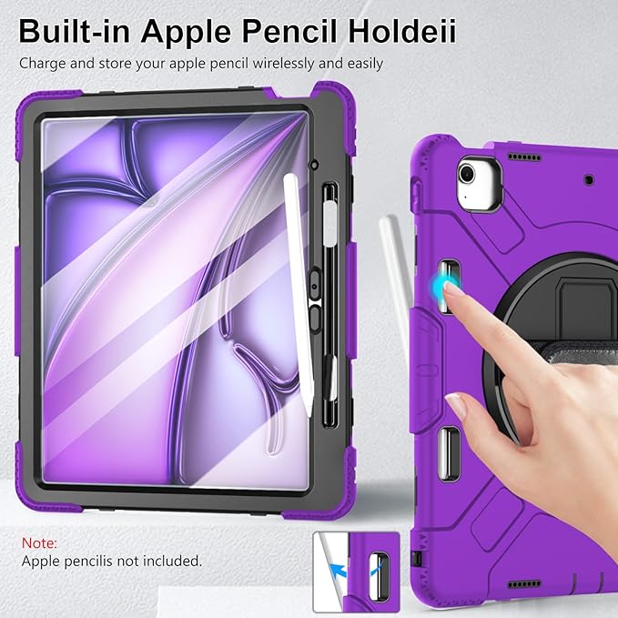 Case for iPad Air 13 Inch M4/M3/M2 (2026/2025/2024): Silicone Shockproof Case with Screen Protector - Stand - Handle - Shoulder Strap - Pen Holder- Purple