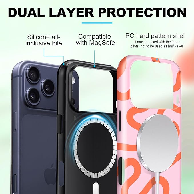 Magnetic for iPhone 17 Pro Case Cute Curved Stripes Phone Case, Shockproof Slim TPU and Hard PC Protective Phone Cover Compatible with MagSafe Designed for Women Girls,Pink