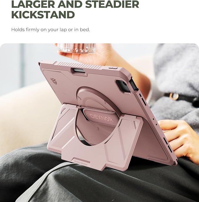 Dexnor Case for iPad Air 13 inch M4/M3/M2 (2026/2025/2024), Rugged Protective Case with 360° Rotating Hand Strap& Steady Stand& Screen Protector& Pencil Holder Shockproof Full-Body Bumper Cover, Pink