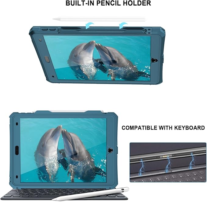 iPad 9th 8th 7th Generation Case Waterproof, Full Body Protective Shockproof Case with Built-in Screen Protector, Pencil Holder, Stand, Shoulder Strap for iPad 9th 8th 7th Gen 10.2 inch Teal
